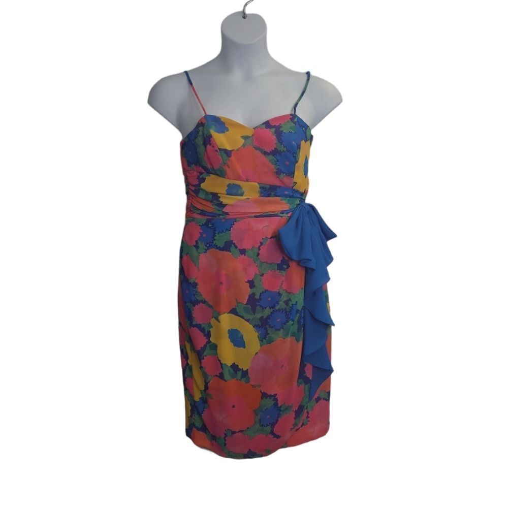 VINTAGE 90s bold bright floral faux wrap dress with bow S